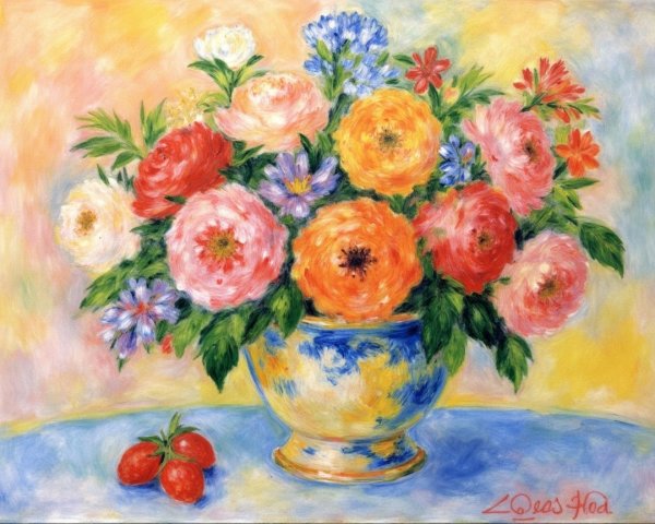 Vibrant Still Life with Colorful Flowers and Strawberries