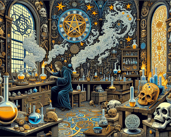 Alchemist's Workshop with Potions and Mystical Artifacts