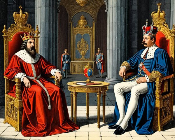 Regal Figures on Ornate Thrones in Opulent Palace