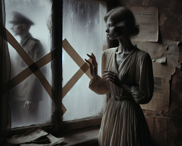 Ethereal Woman and Soldier in a Fogged Window Scene
