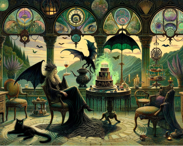 Gothic Room with Stained Glass and Mysterious Figure