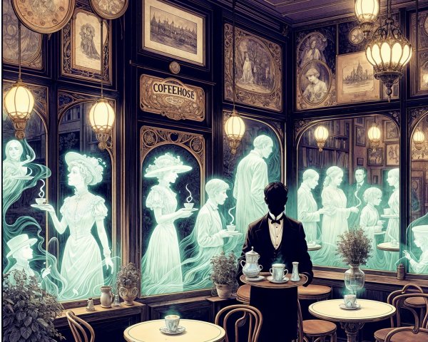 Vintage Coffeehouse with Ghostly Patrons and Tea