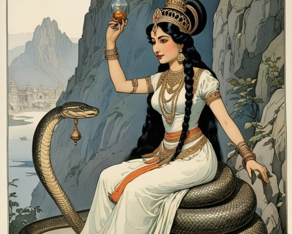Regal figure on serpent with glowing orb in mystical setting