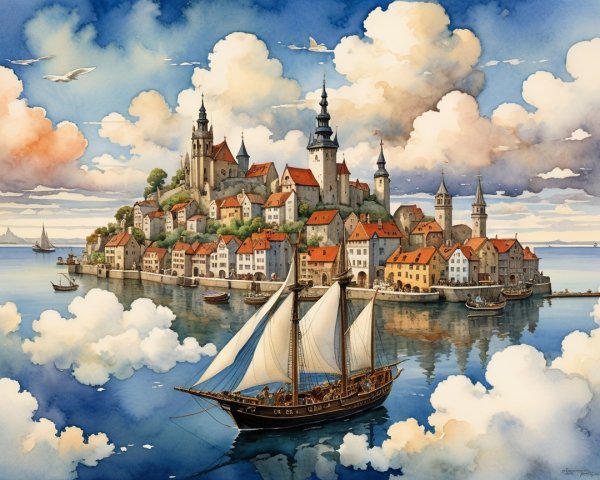 Charming Island Village with Red Rooftops and Spires