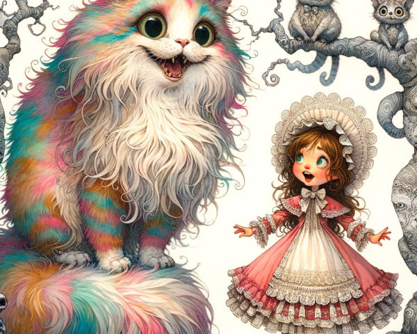 Whimsical Scene of Rainbow Cat and Girl in Fantasy Landscape