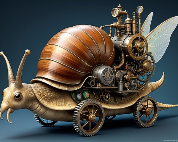 Whimsical Steampunk Snail with Brass Engine and Wings