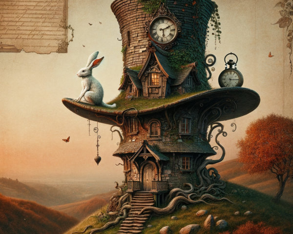 Whimsical Top Hat Cottage Surrounded by Enchanted Landscape