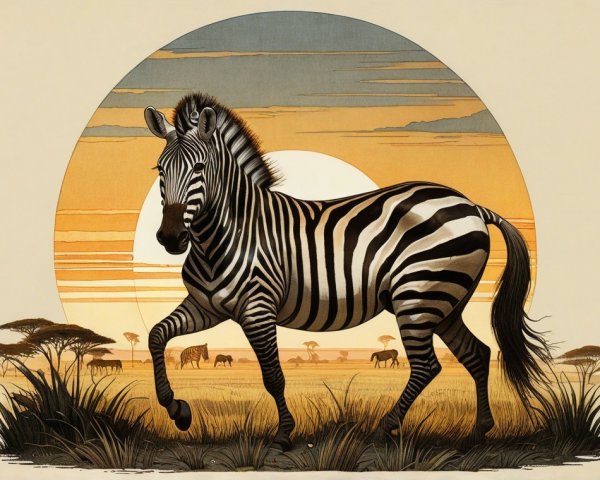 Zebra in Savanna at Sunset with Wildlife Silhouettes
