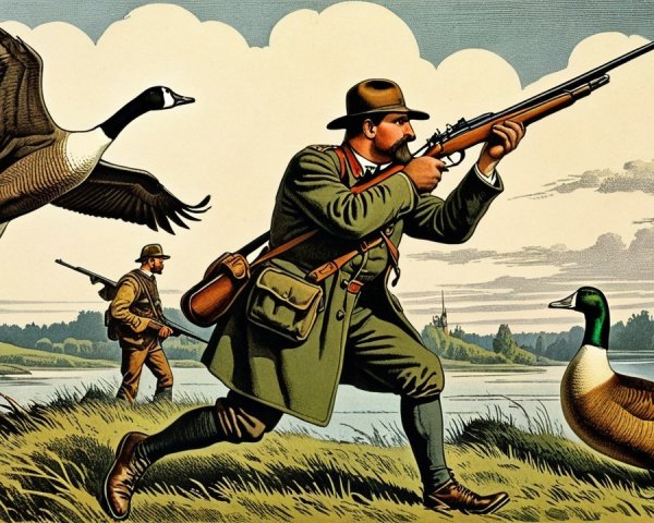 Hunters in a Serene Outdoor Setting with Ducks