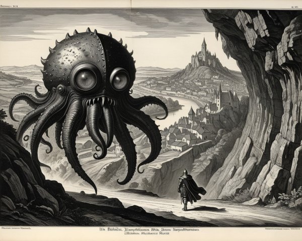 Surreal Illustration of a Giant Cephalopod in Landscape