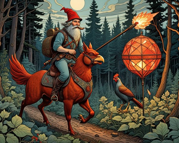 Whimsical Forest Scene with Gnome and Orange Bird