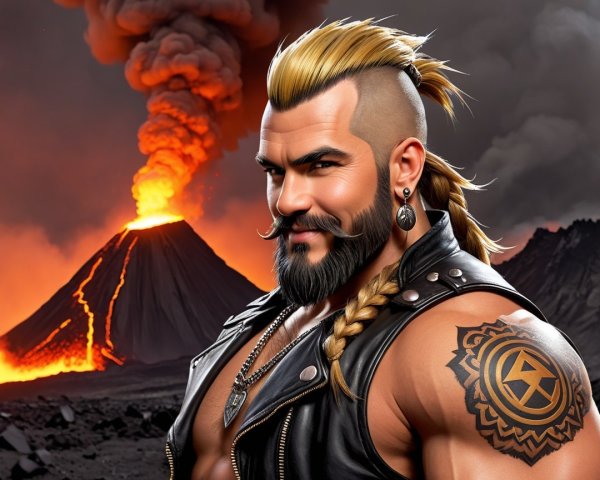 Muscular Man with Mohawk Against Erupting Volcano