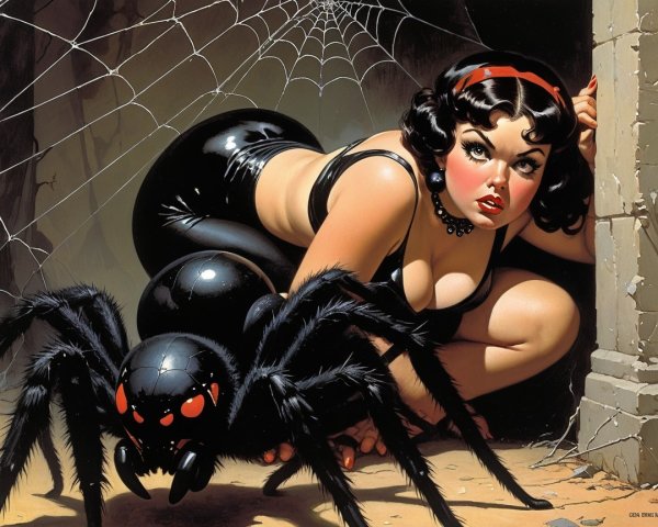 Glamorous Woman in Retro Fashion with Spider Illustration