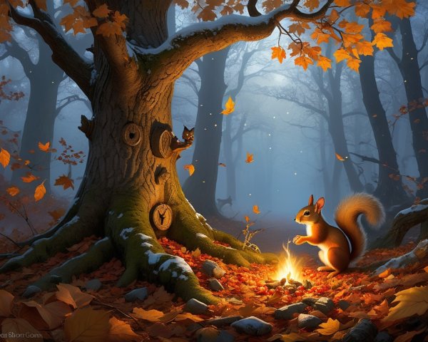 Mystical Autumn Foliage with Squirrel and Fireflies