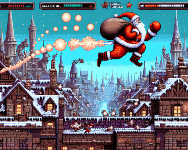 Vibrant Pixel-Art Scene of Santa in Winter Cityscape