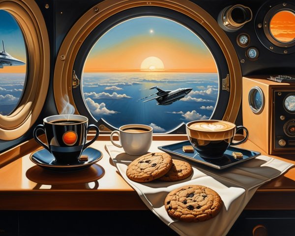 Cozy Futuristic Spacecraft Scene with Sunset View