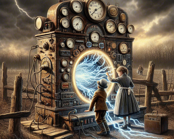 Steampunk Machine and Portal in Stormy Landscape