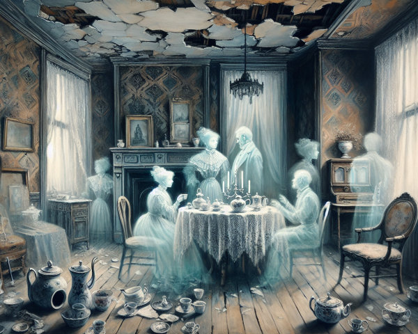 Vintage Room with Ethereal Figures and Eerie Atmosphere