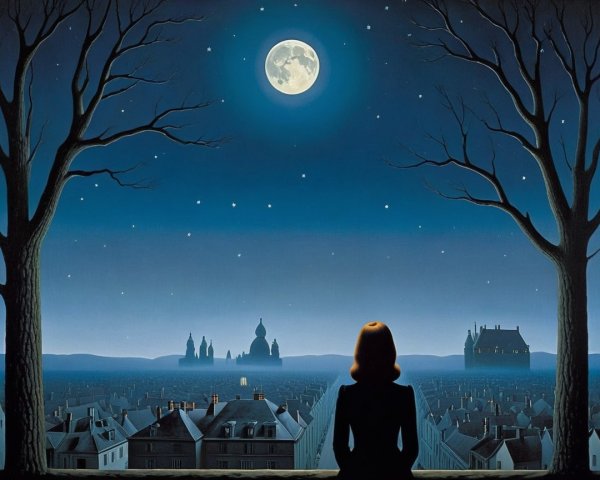 Moonlit Cityscape with Woman and Framing Trees