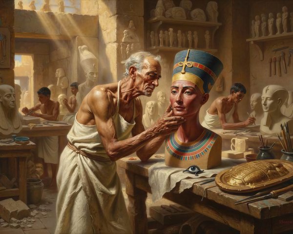 Ancient Egyptian Workshop with Sculptor and Apprentices