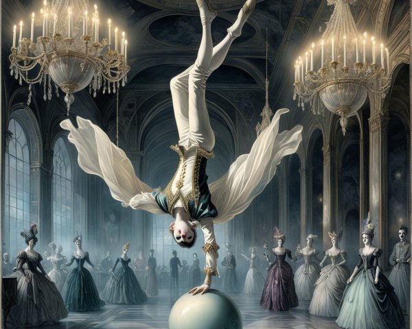 Elegant Performer Balances in Opulent Ballroom
