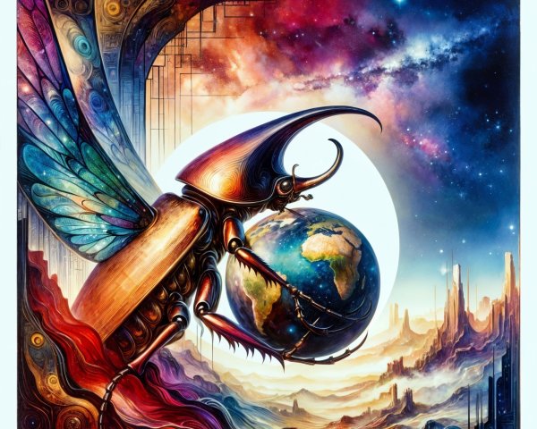 Surreal Mechanical Beetle with Globe in Cosmic Landscape