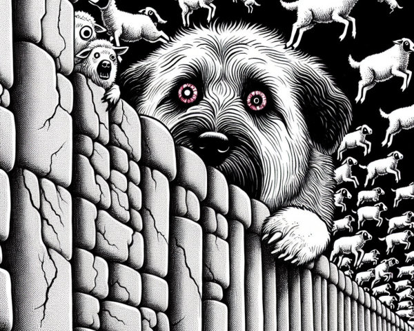 Dog Observing Sheep in Surreal Sky Artwork
