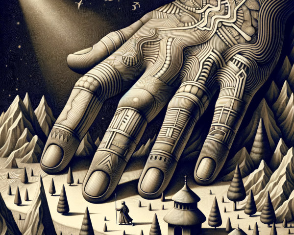 Giant Hand Over Surreal Landscape with Cloaked Figure