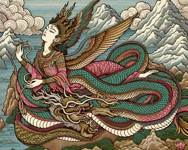 Mystical figure with wings and dragon in serene landscape