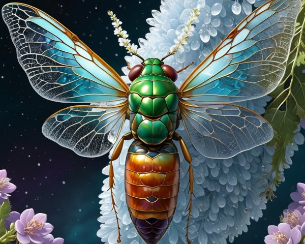 Detailed Illustration of a Colorful Cicada on Flowers