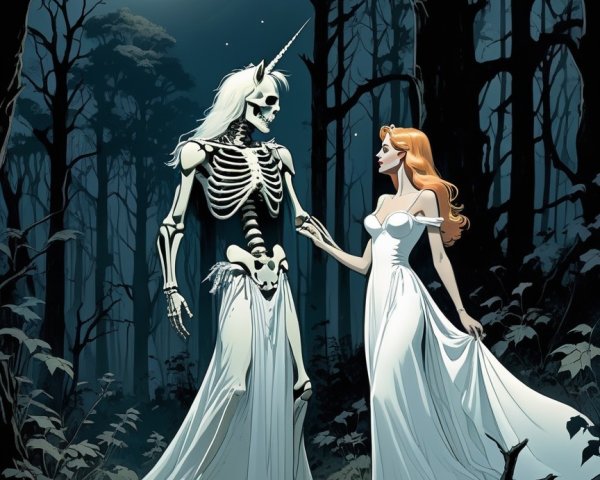 Moonlit Forest with Ethereal Figures in White Gowns