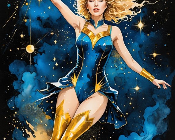 Superheroine in Blue and Gold Costume Soaring in Space