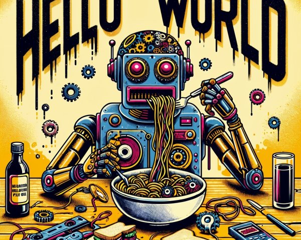Cartoon Robot Dining with Gadgets and Colorful Background