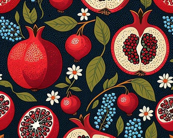 Vibrant Botanical Pattern of Pomegranates and Cherries