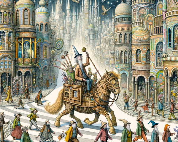 Whimsical Cityscape with Colorful Architecture and Characters