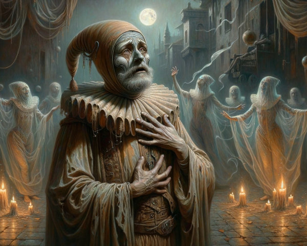 Sorrowful clown in ghostly scene with ethereal figures