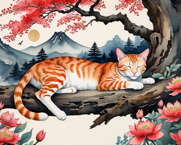 Orange and white tabby cat on a tree branch with blossoms