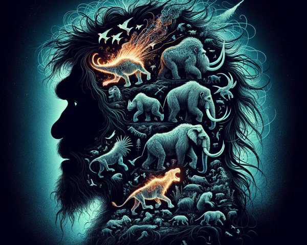 Silhouette of Human Profile with Prehistoric Illustrations