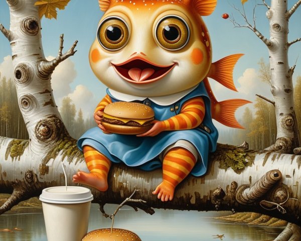 Cartoon Goldfish Creature on Birch Log with Hamburger