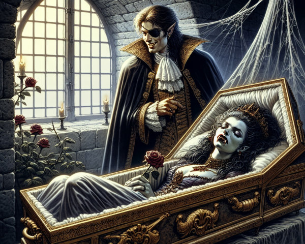 Vampire in Gothic Chamber with Coffin and Rose