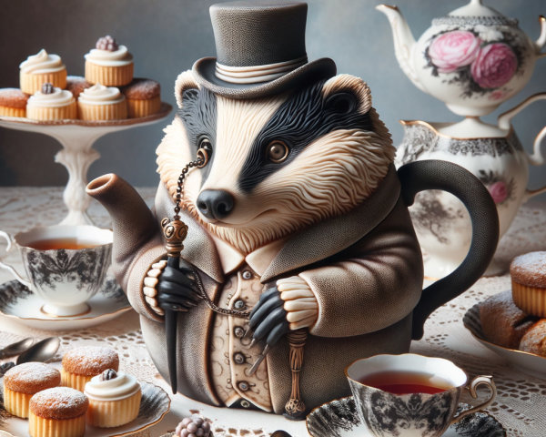 Whimsical Tea Party with Badger Teapot and Delicacies