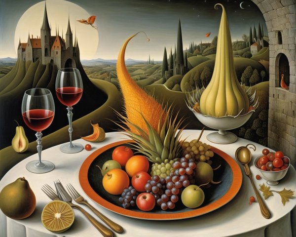 Surreal Landscape with Fruit Display and Castle Background