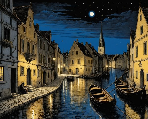 Tranquil Nighttime Riverside Scene with Moonlight