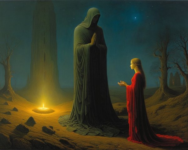 Mystic Landscape with Shadowy Figure and Young Woman
