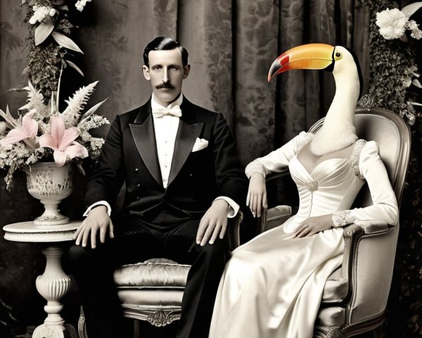Formal portrait of man in tuxedo and toucan woman