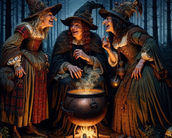 Witches in a Moonlit Forest with a Bubbling Cauldron