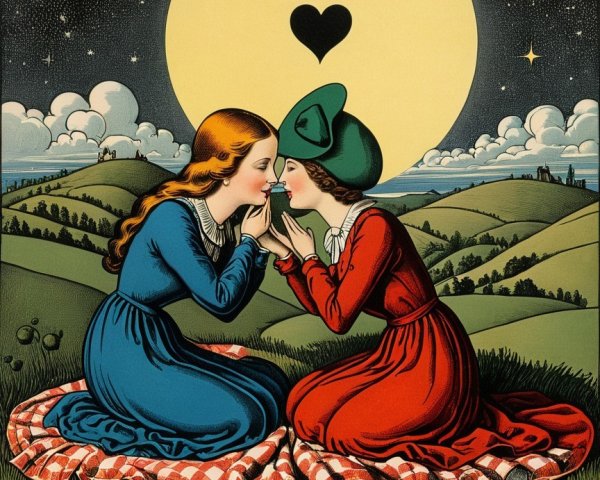 Young Women in Gowns Under Moonlit Sky Illustration
