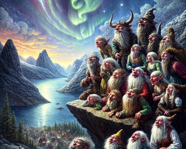 Colorful Gnomes Gather at Fjord During Sunset