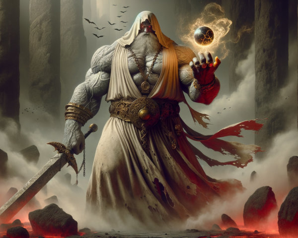 Muscular Figure in Ancient Temple with Glowing Orb