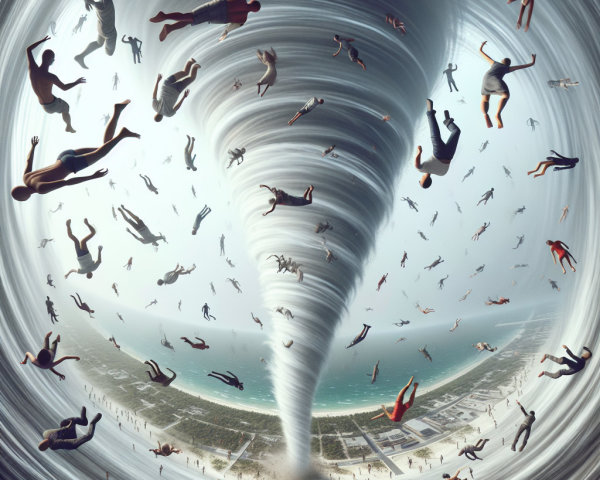 Surreal Tornado Over Beach with Spiraling Figures